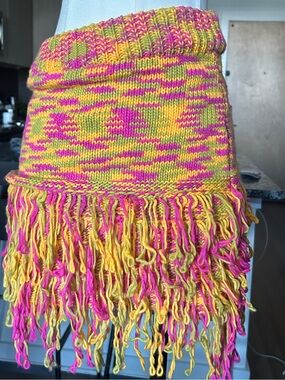 AKIRA Knit Fringe Skirt in Yellow & Hot Pink